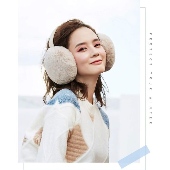 Faux Fur Beige Cute Foldable Warmers Outdoor Winter Ear muffs - Picture 6 of 7